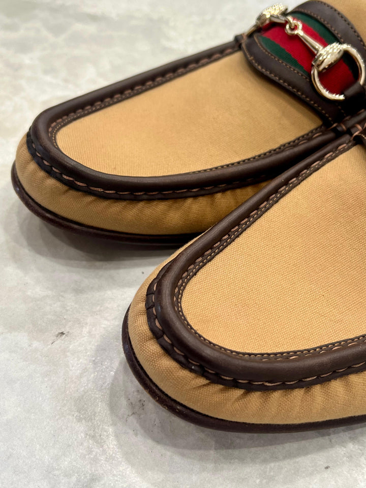 GUCCI WEB HORSEBIT ACCENT CANVAS LOAFERS