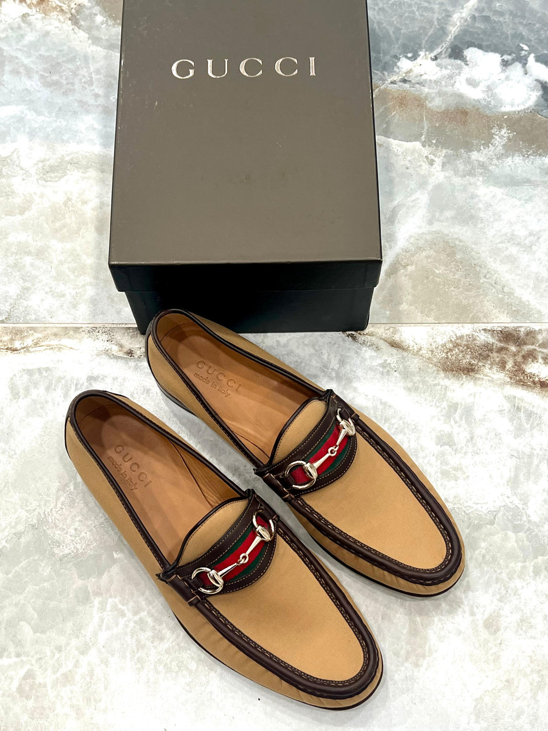 GUCCI WEB HORSEBIT ACCENT CANVAS LOAFERS