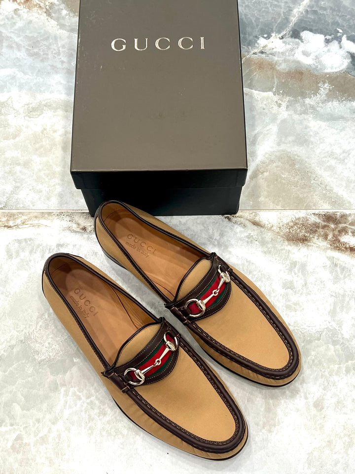 GUCCI WEB HORSEBIT ACCENT CANVAS LOAFERS