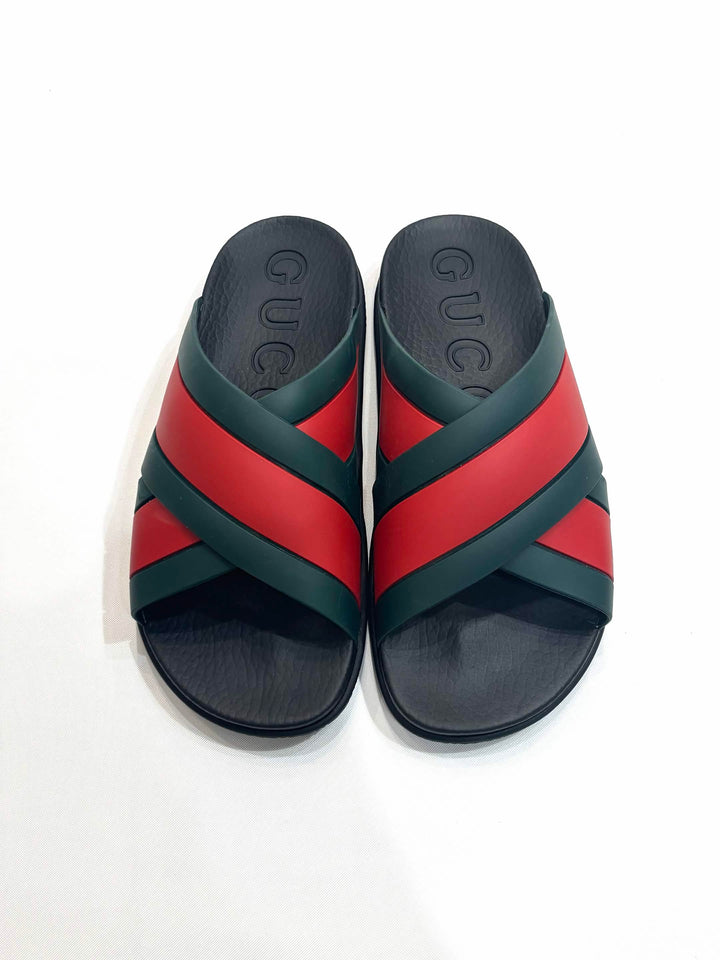 GUCCI WEB STRIPE CRISS CROSS SLIDES