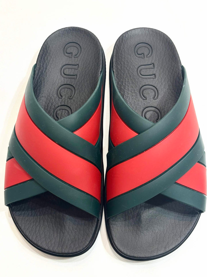 GUCCI WEB STRIPE CRISS CROSS SLIDES