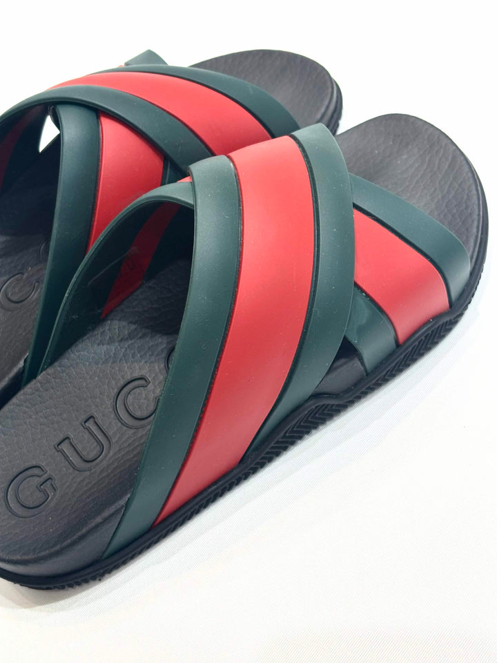 GUCCI WEB STRIPE CRISS CROSS SLIDES