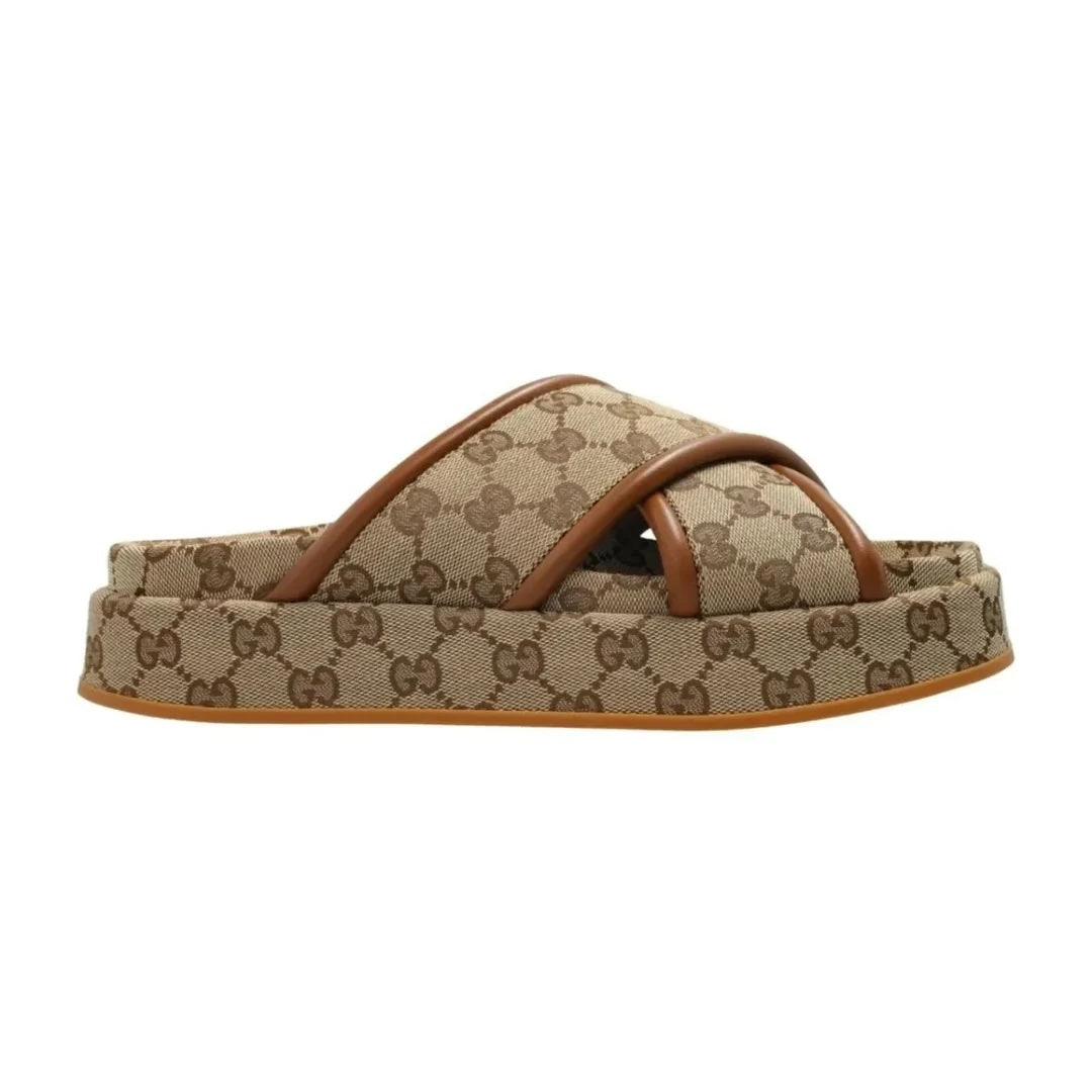 GUCCI GG MONOGRAM CLARICE CALFSKIN TRIMMED JACQUARD PLATFORM MULES