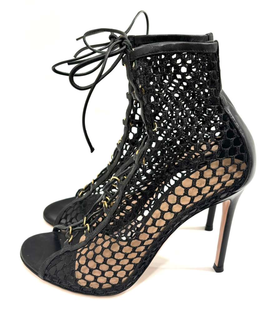 GIANVITO ROSSI HELENA MESH &amp; LEATHER LACE-UP BOOTIES
