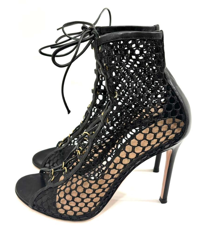 GIANVITO ROSSI HELENA MESH &amp; LEATHER LACE-UP BOOTIES
