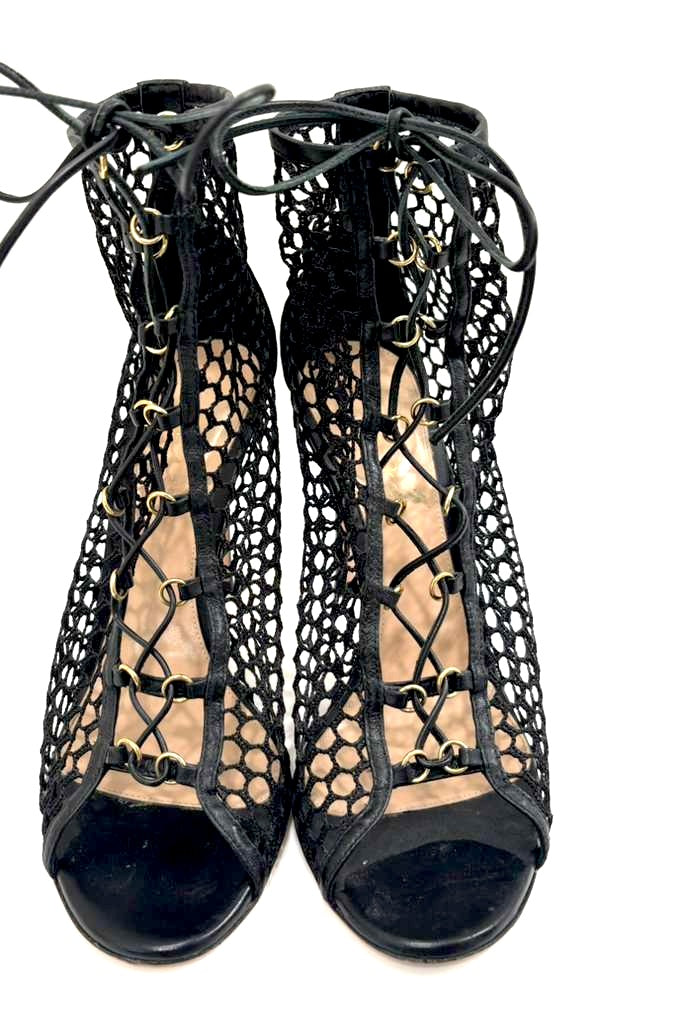 GIANVITO ROSSI HELENA MESH &amp; LEATHER LACE-UP BOOTIES