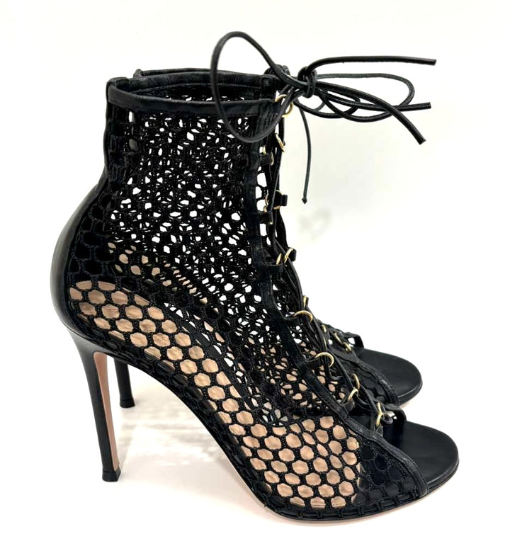 GIANVITO ROSSI HELENA MESH &amp; LEATHER LACE-UP BOOTIES