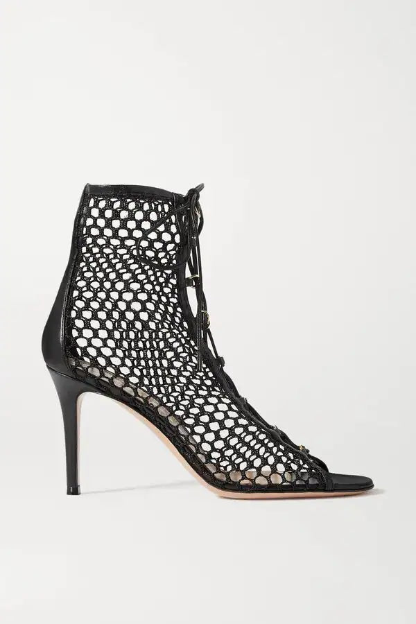 GIANVITO ROSSI HELENA MESH &amp; LEATHER LACE-UP BOOTIES