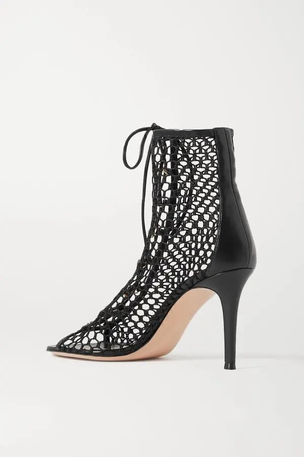 GIANVITO ROSSI HELENA MESH &amp; LEATHER LACE-UP BOOTIES