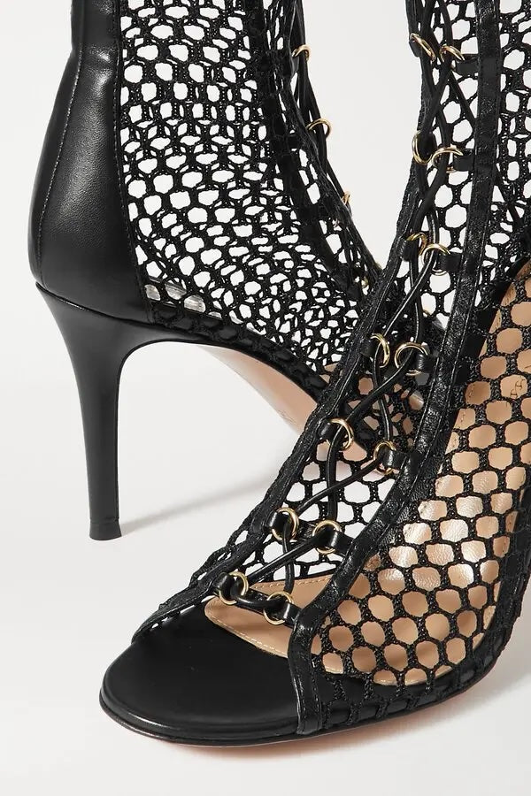 GIANVITO ROSSI HELENA MESH &amp; LEATHER LACE-UP BOOTIES