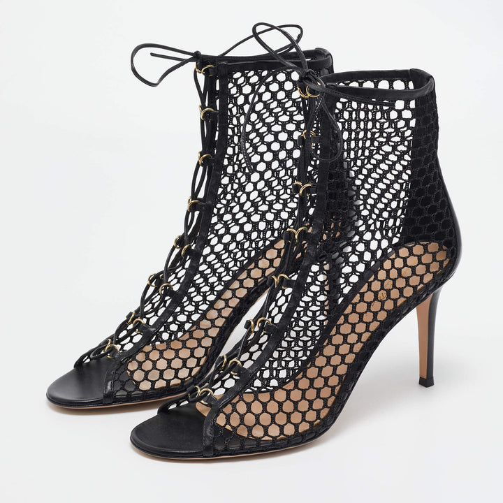 GIANVITO ROSSI HELENA MESH &amp; LEATHER LACE-UP BOOTIES