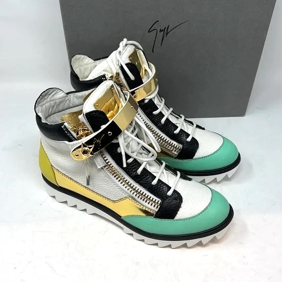 GIUSEPPE ZANOTTI CALFSKIN LEATHER METAL EMBELLISHED STRAP HI-TOP SNEAKERS
