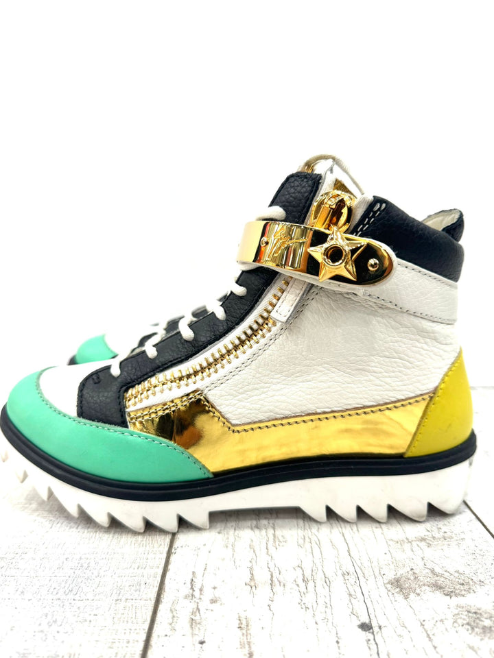GIUSEPPE ZANOTTI CALFSKIN LEATHER METAL EMBELLISHED STRAP HI-TOP SNEAKERS