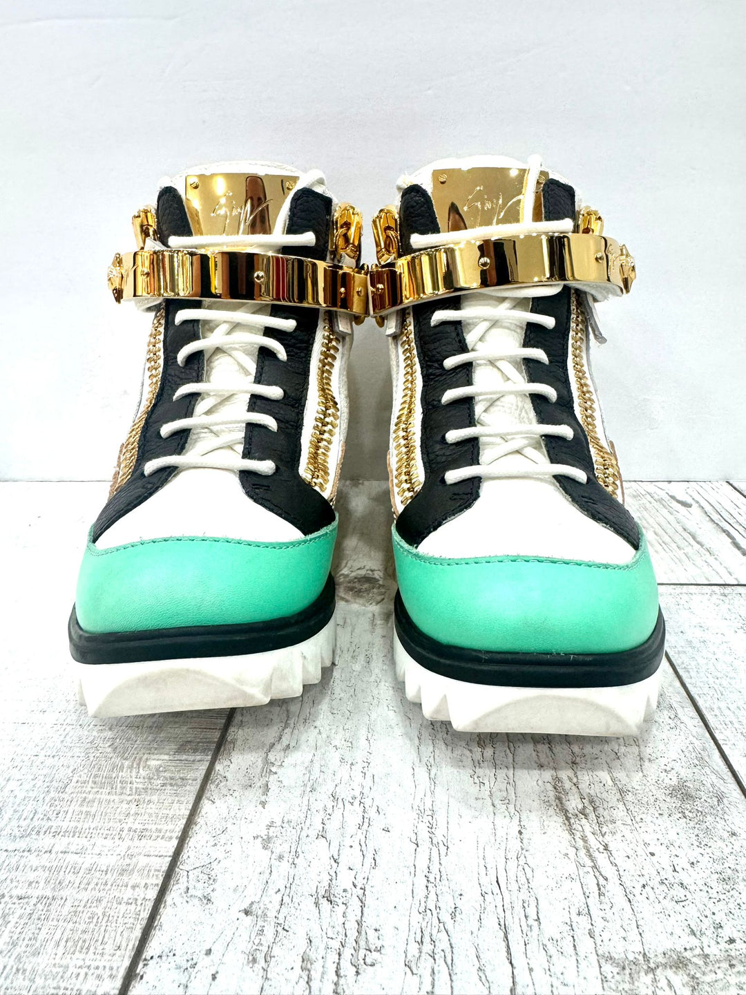 GIUSEPPE ZANOTTI CALFSKIN LEATHER METAL EMBELLISHED STRAP HI-TOP SNEAKERS
