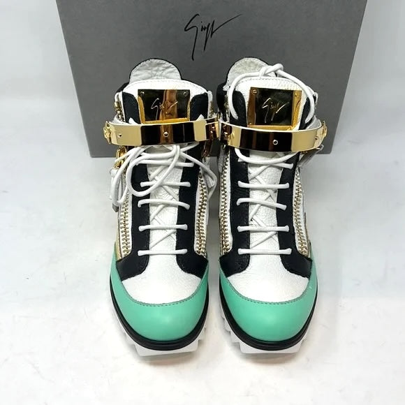 GIUSEPPE ZANOTTI CALFSKIN LEATHER METAL EMBELLISHED STRAP HI-TOP SNEAKERS