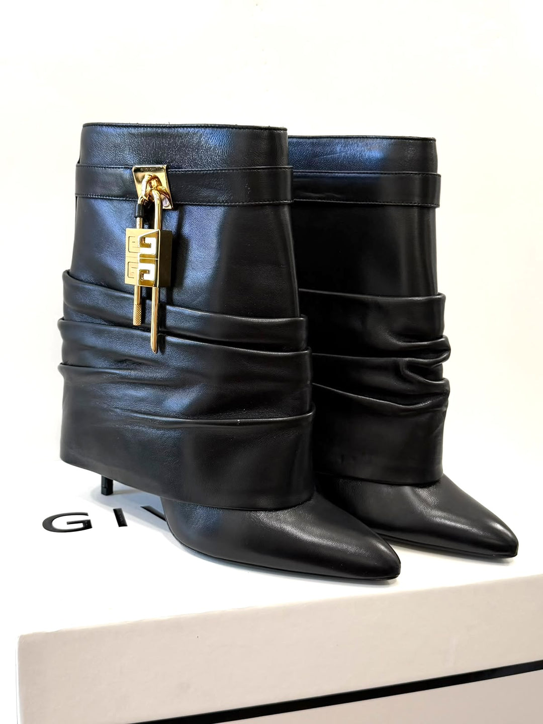 GIVENCHY SHARK LOCK STILETTO LAMBSKIN LEATHER ANKLE BOOTS