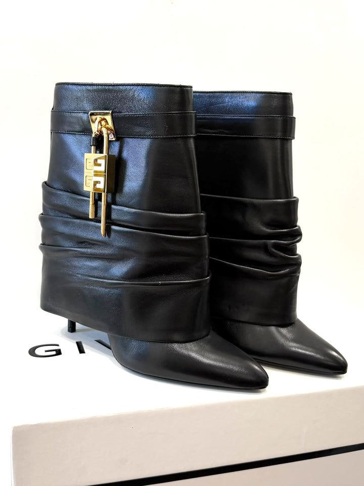 GIVENCHY SHARK LOCK STILETTO LAMBSKIN LEATHER ANKLE BOOTS