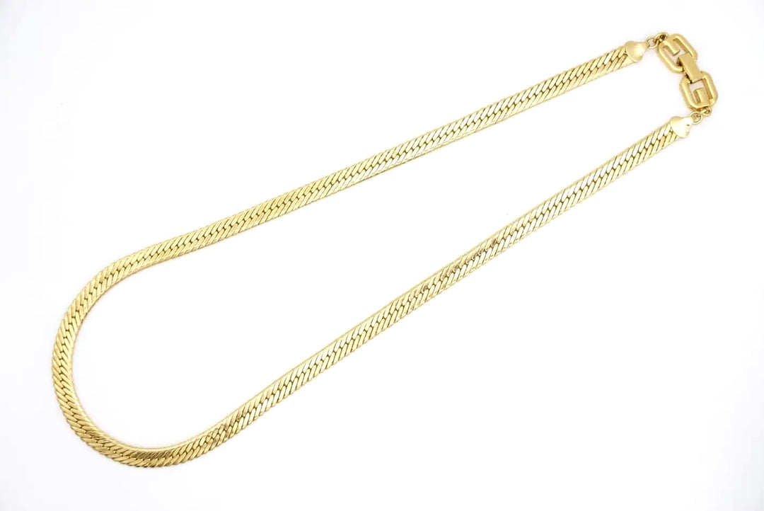 GIVENCHY DOUBLE LOGO WIDE HERRINGBONE GOLD PLATED NECKLACE