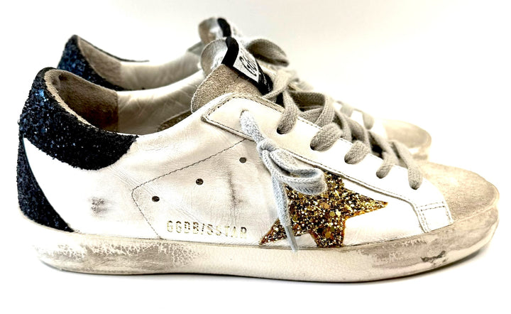 GOLDEN GOOSE SUPER STAR LOW-TOP GLITTER CALFSKIN LEATHER SNEAKERS