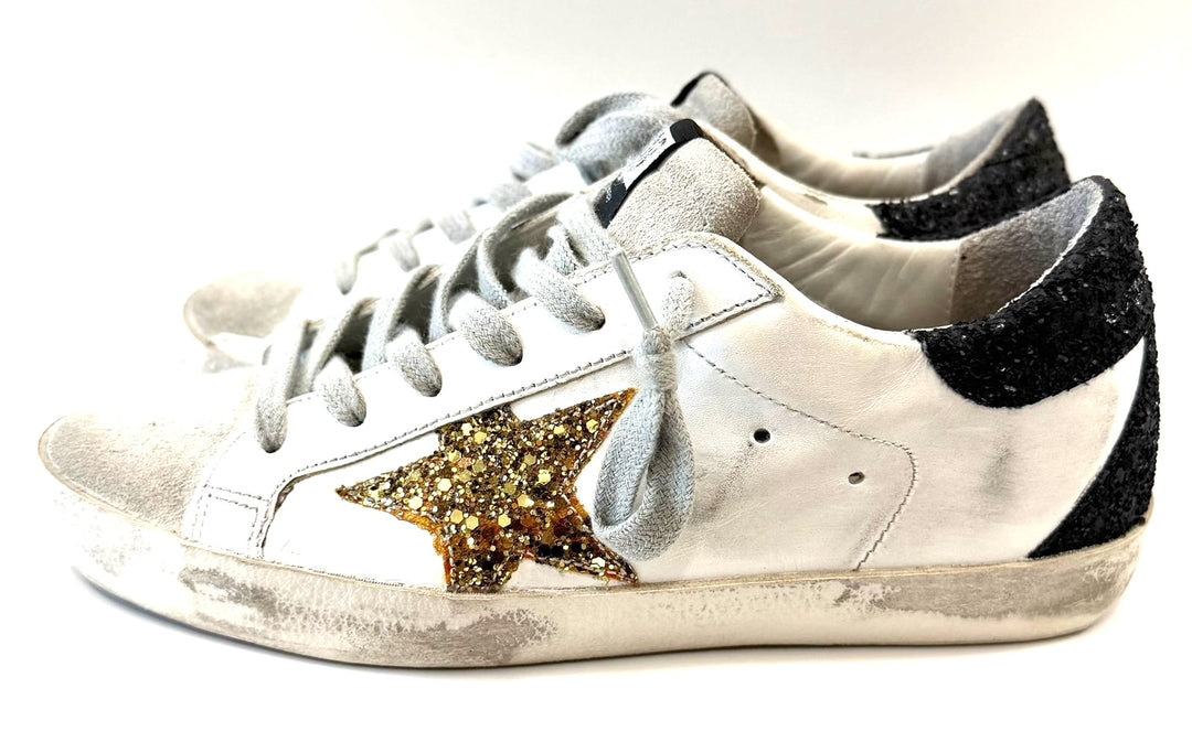 GOLDEN GOOSE SUPER STAR LOW-TOP GLITTER CALFSKIN LEATHER SNEAKERS