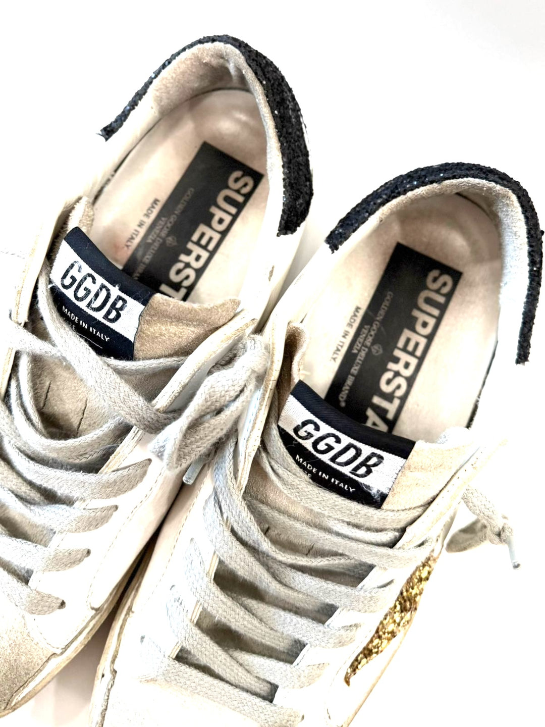 GOLDEN GOOSE SUPER STAR LOW-TOP GLITTER CALFSKIN LEATHER SNEAKERS