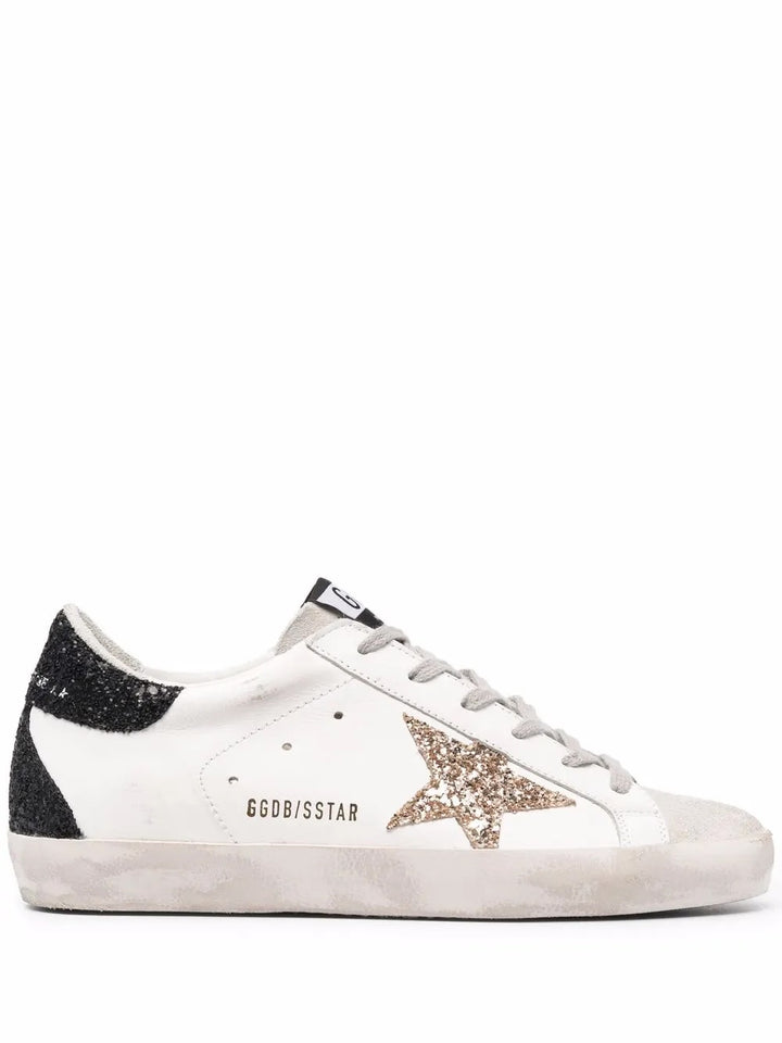 GOLDEN GOOSE SUPER STAR LOW-TOP GLITTER CALFSKIN LEATHER SNEAKERS