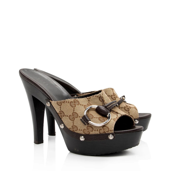 GUCCI MONOGRAM CELLARIUS SOFT CALFSKIN &amp; CANVAS ICON BIT CLOGS
