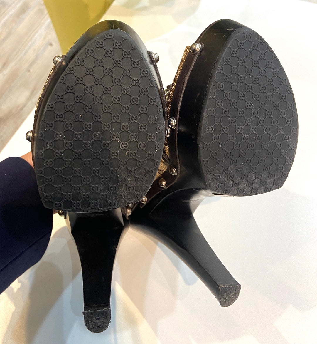 GUCCI MONOGRAM CELLARIUS SOFT CALFSKIN &amp; CANVAS ICON BIT CLOGS