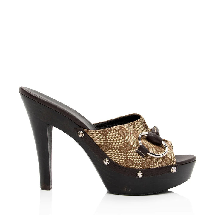 GUCCI MONOGRAM CELLARIUS SOFT CALFSKIN &amp; CANVAS ICON BIT CLOGS