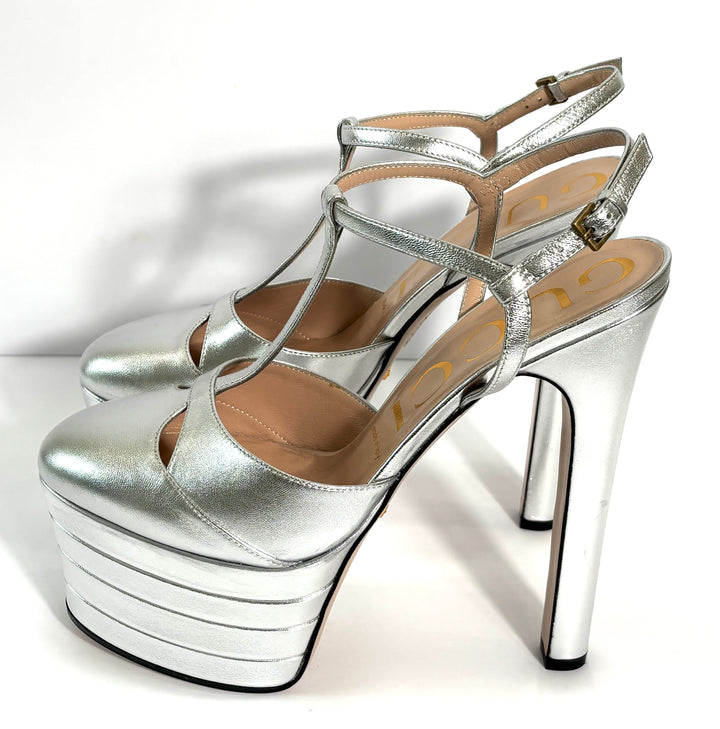GUCCI ANGEL METALLIC SILVER LEATHER PLATFORM PUMPS