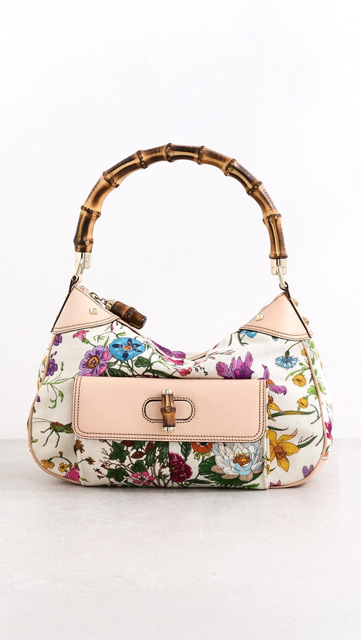 GUCCI BAMBOO FLORA STUDDED HOBO BAG