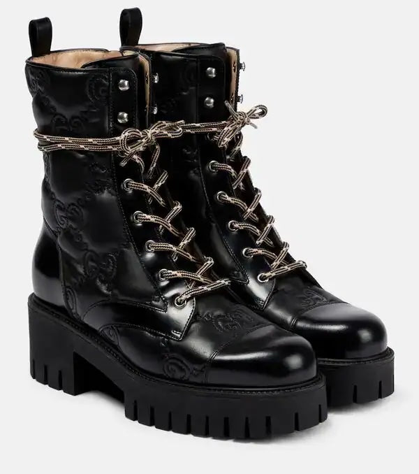 GUCCI CORDOVAN LUX NAPPA GG MATELASSE LACE UP COMBAT BOOTS