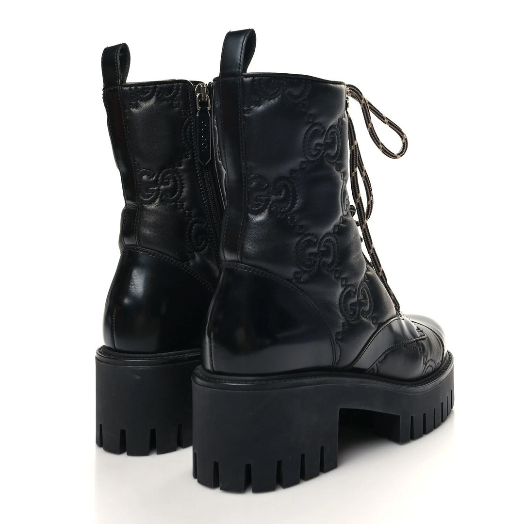GUCCI CORDOVAN LUX NAPPA GG MATELASSE LACE UP COMBAT BOOTS