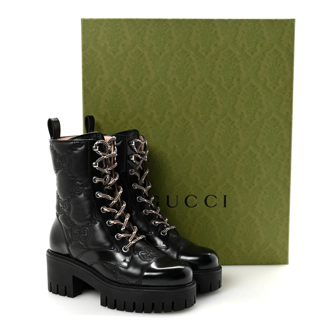 GUCCI CORDOVAN LUX NAPPA GG MATELASSE LACE UP COMBAT BOOTS