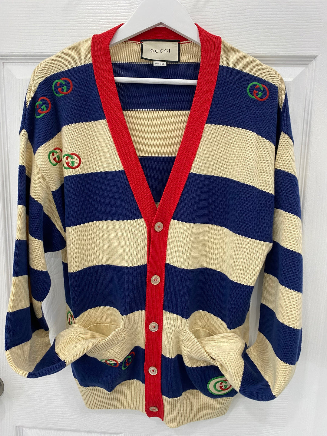 GUCCI EMBROIDERED STRIPED KNIT CARDIGAN