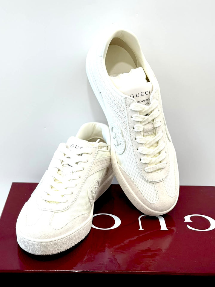 GUCCI G74 GG SUEDE &amp; KNIT LOW-TOP SNEAKERS