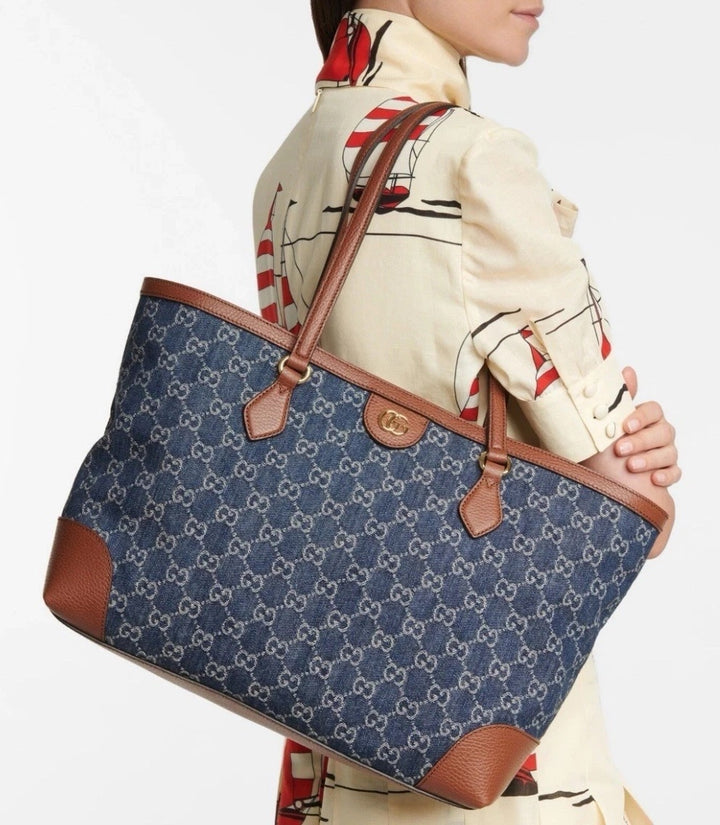 GUCCI NEW DENIM GG MONOGRAM MEDIUM OPHIDIA SHOPPING TOTE