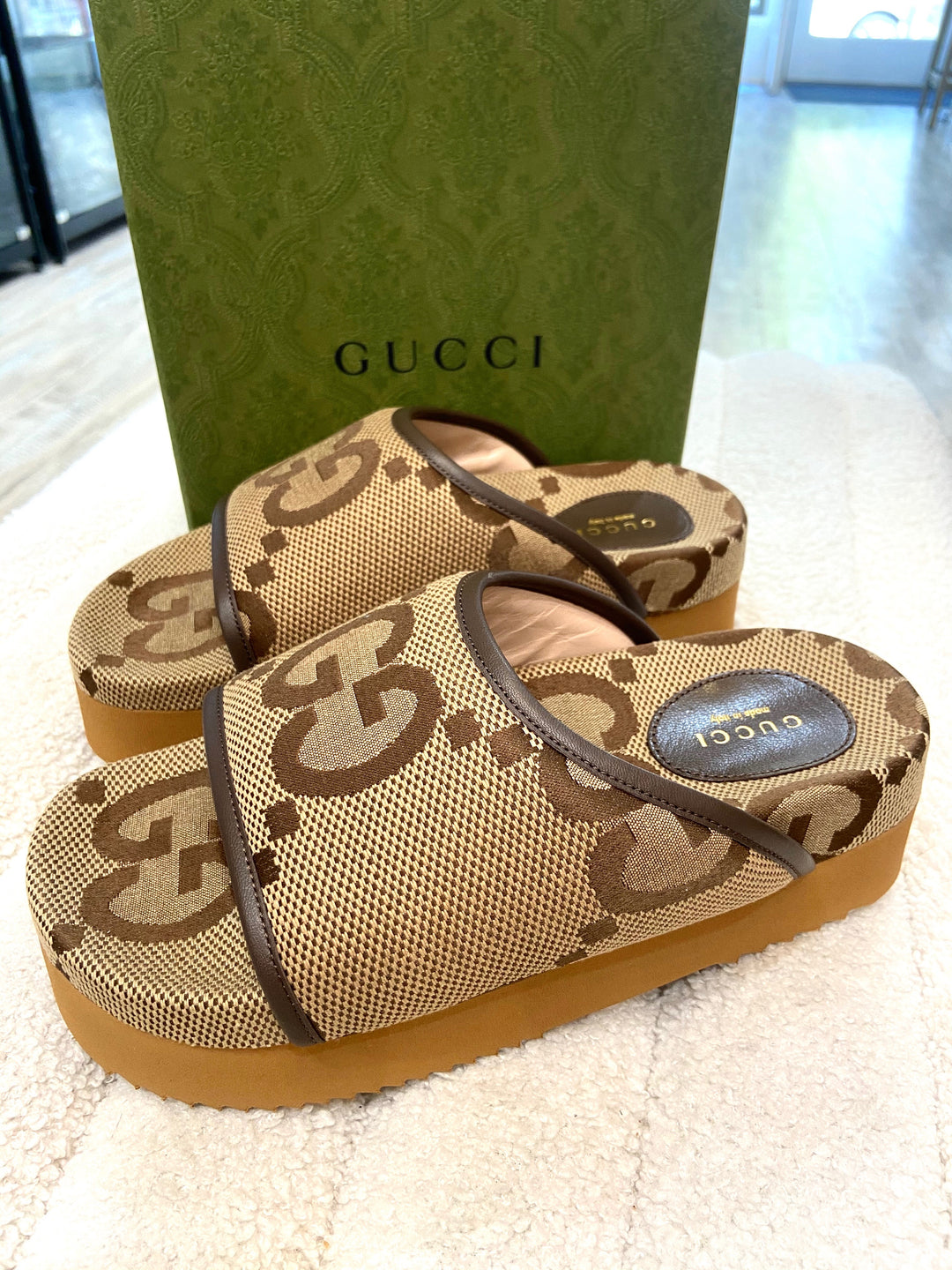GUCCI GG JUMBO NAPPA CANVAS PLATFORM MULES