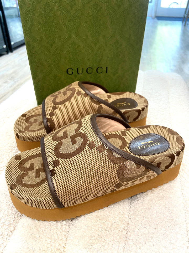 GUCCI GG JUMBO NAPPA CANVAS PLATFORM MULES