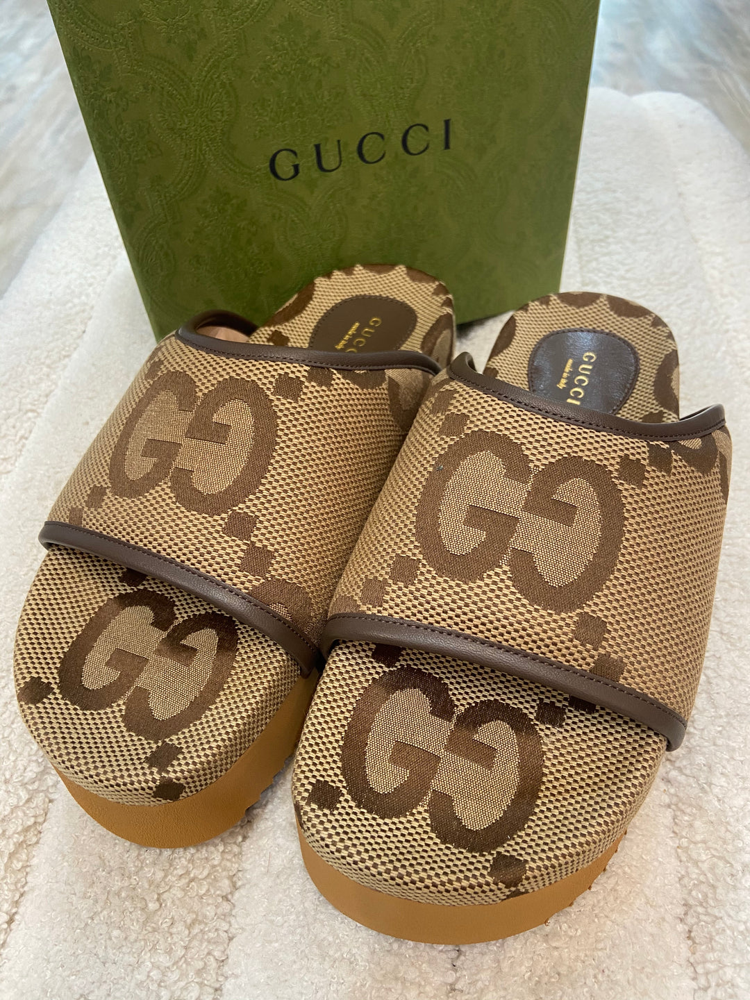 GUCCI GG JUMBO NAPPA CANVAS PLATFORM SLIDE SANDALS