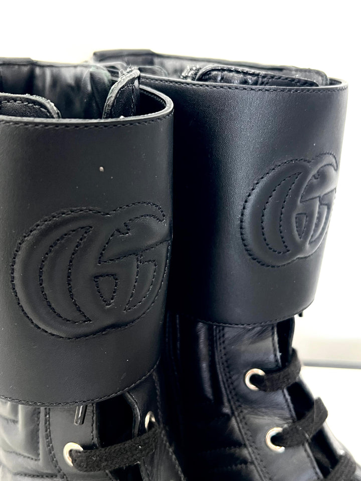 GUCCI GG MARMONT MATELASSÉ CHARLOTTE CALFSKIN LEATHER COMBAT BOOTS