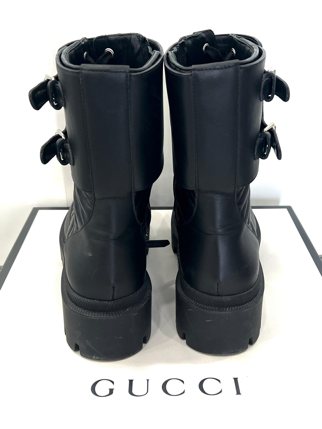 GUCCI GG MARMONT MATELASSÉ CHARLOTTE CALFSKIN LEATHER COMBAT BOOTS