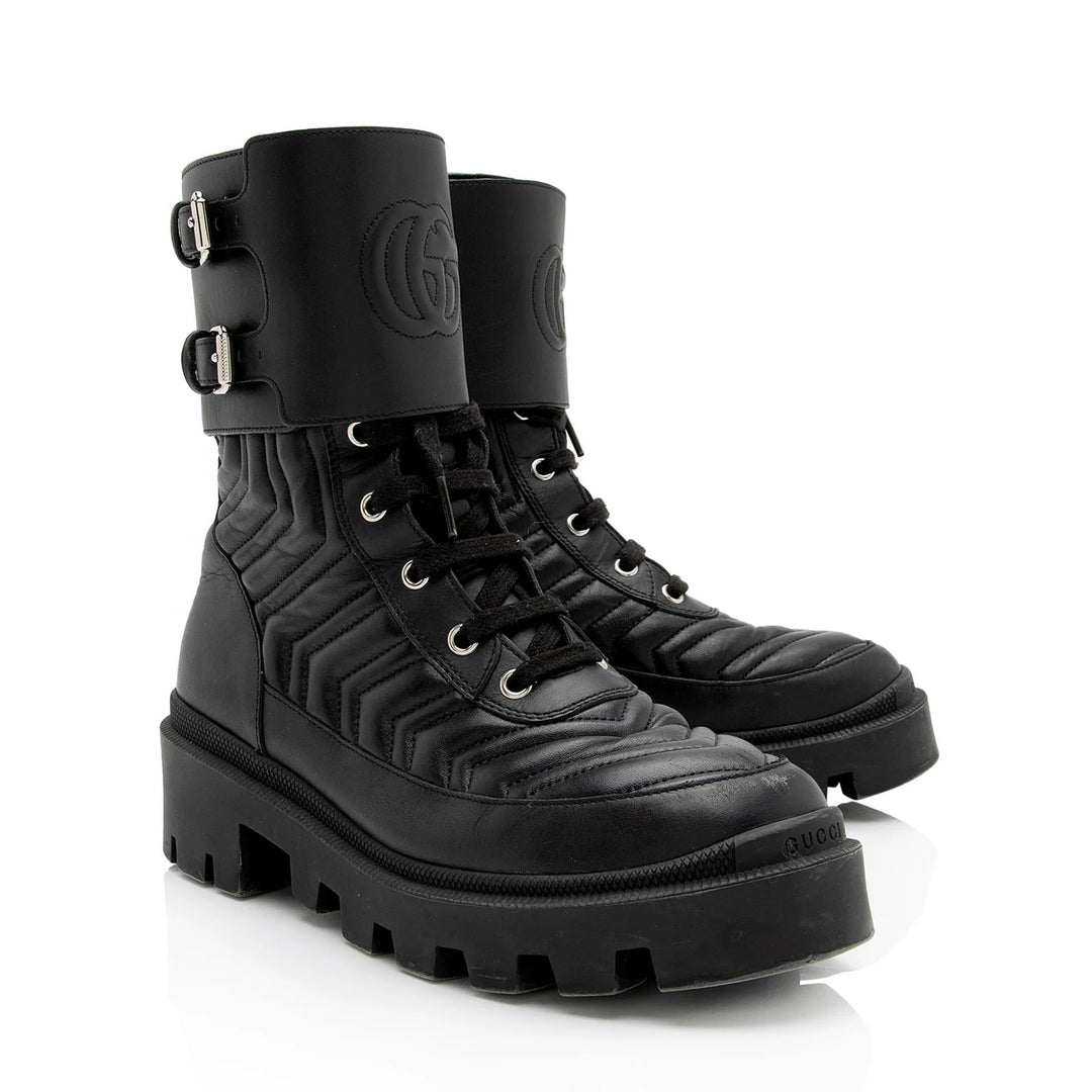 GUCCI GG MARMONT MATELASSÉ CHARLOTTE CALFSKIN LEATHER COMBAT BOOTS