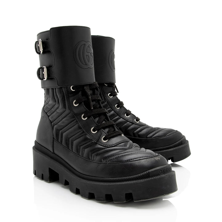 GUCCI GG MARMONT MATELASSÉ CHARLOTTE CALFSKIN LEATHER COMBAT BOOTS