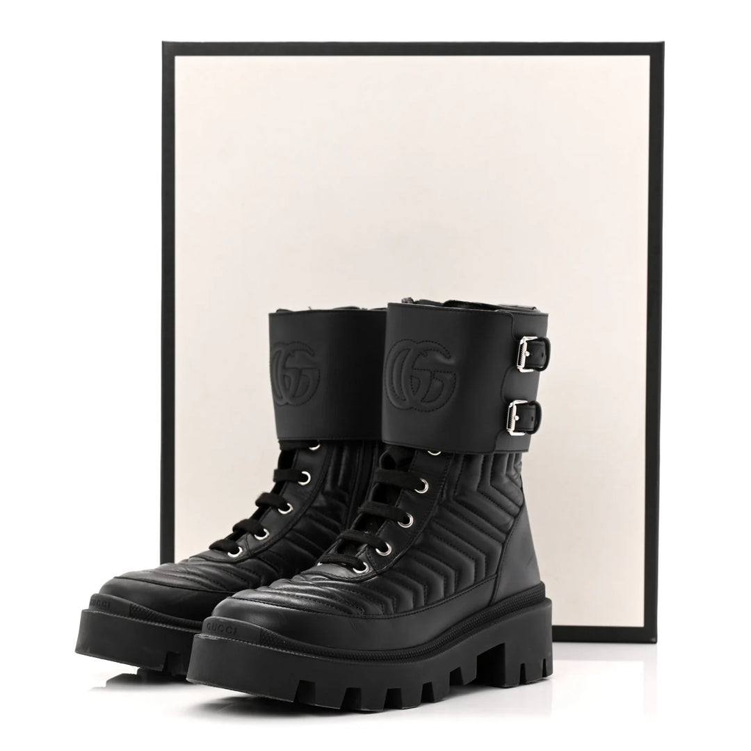 GUCCI GG MARMONT MATELASSÉ CHARLOTTE CALFSKIN LEATHER COMBAT BOOTS