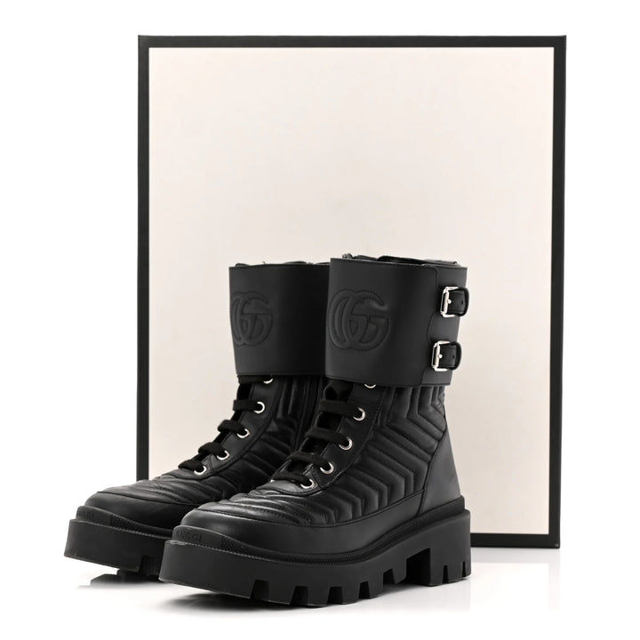 GUCCI GG MARMONT MATELASSÉ CHARLOTTE CALFSKIN LEATHER COMBAT BOOTS