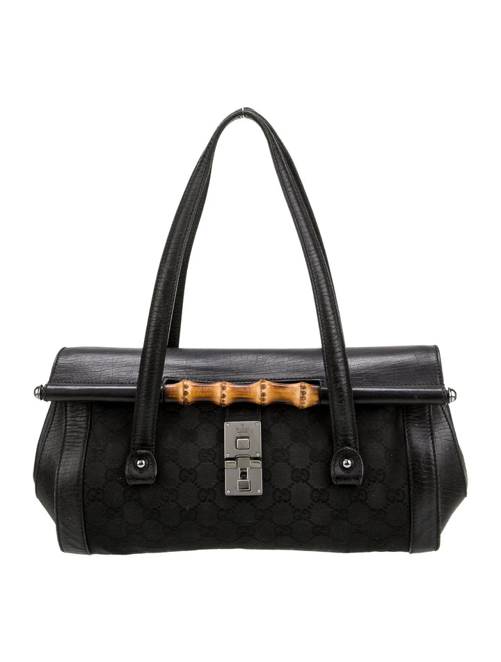 GUCCI SMALL GG MONOGRAM CALFSKIN LEATHER CANVAS BAMBOO BULLET BAG