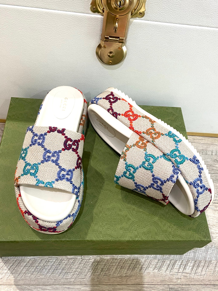 GUCCI GG MULTICOLOR ANGELINA PLATFORM SLIDE SANDALS  display picture 3