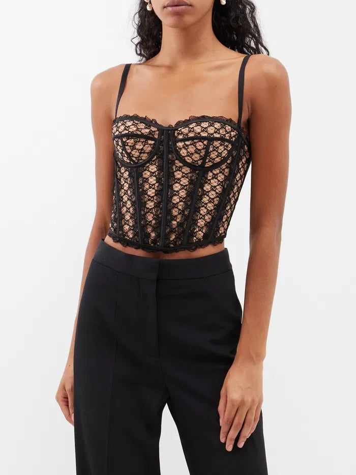 GUCCI GG NET LACE TRIMMED CORSET BUSTIER
