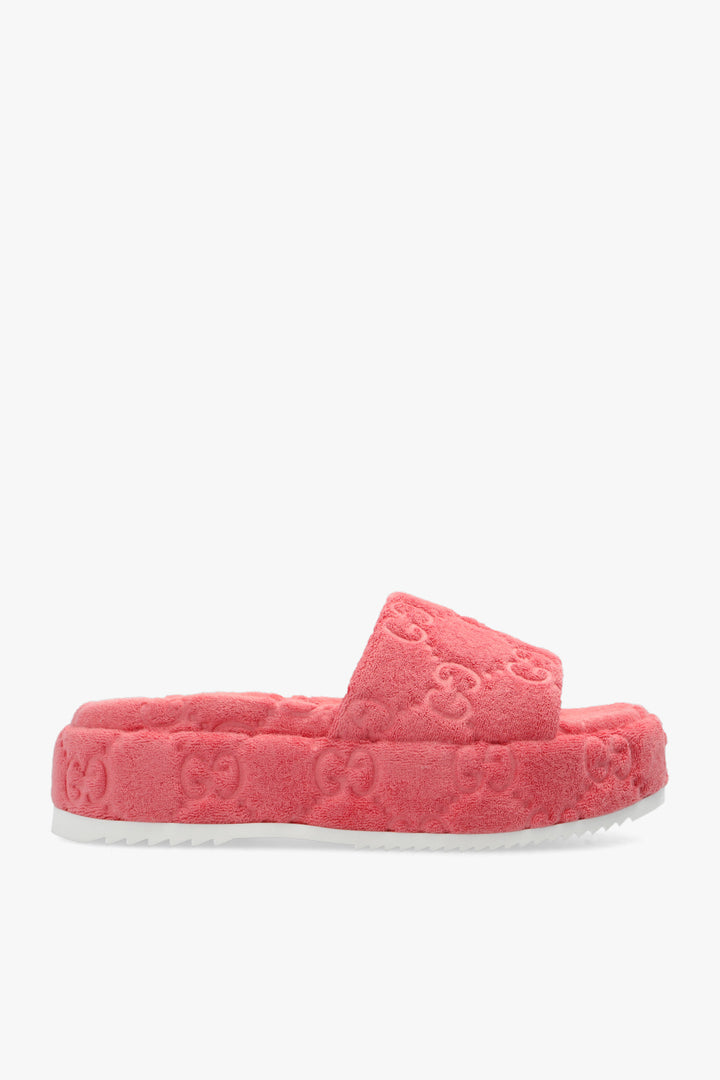 GUCCI GG PLATFORM SPONGE SLIDE SANDALS IN WILD ROSE